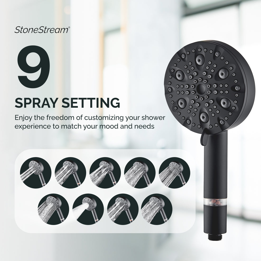 EcoLux 9-mode Black Stainless Steel Shower Head + Wall Adapter Kit